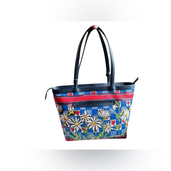 BRIGHTON BEE HAPPY LEATHER TOTE HANDBAG PURSE NAVY BLUE RED BOW HEARTS - Picture 7 of 16